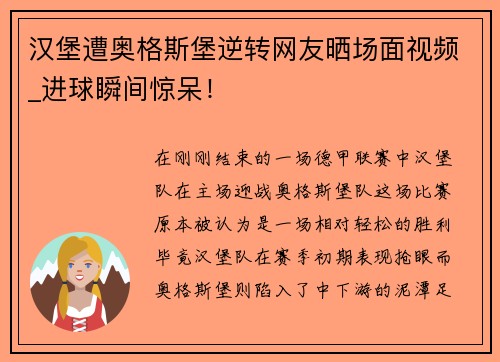 汉堡遭奥格斯堡逆转网友晒场面视频_进球瞬间惊呆！