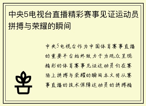 中央5电视台直播精彩赛事见证运动员拼搏与荣耀的瞬间